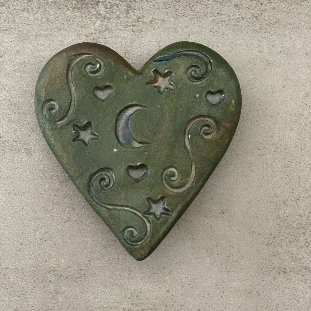 Jeremy Diller Raku Hand-Formed Moon Stars Blessed Heart Pottery 3" Paperweight